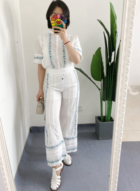 买手店sez@ne andion合作款碎花刺绣镂空钩花短袖衬衫上衣 直筒裤