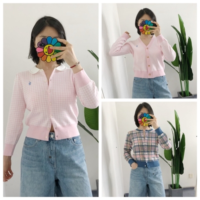 7天发 买手店 大童polo女童娃娃领粉色格纹针织开衫