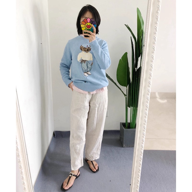 Y标 买手店2025秋冬天蓝色小熊帽子熊鹅黄色毛衣熊针织套头衫