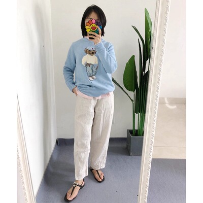 Y标 买手店2025秋冬polo天蓝色小熊帽子熊鹅黄色毛衣熊针织套头衫