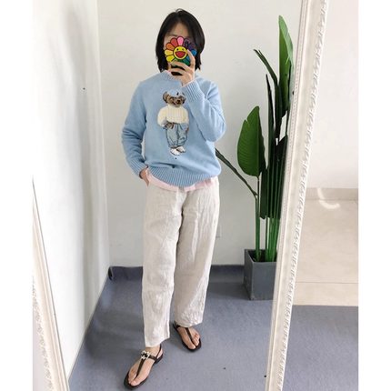 Y标 买手店2025秋冬天蓝色小熊帽子熊鹅黄色毛衣熊针织套头衫