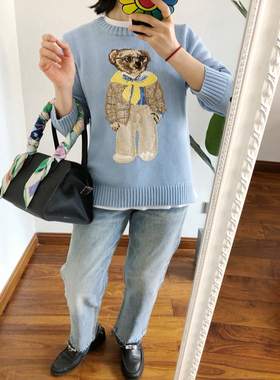 折 M1L1 买手店 天蓝色纯棉黄色围巾小熊针织毛衣套头女