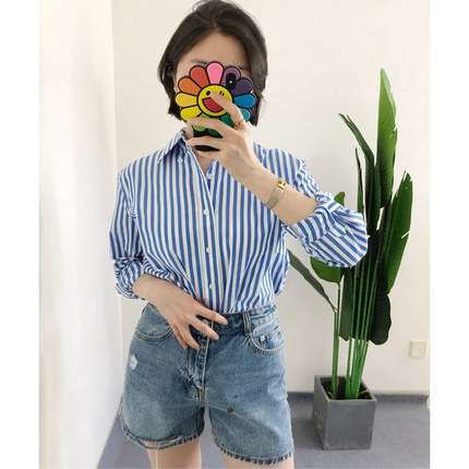 发顺丰 买手店 郑秀晶府绸棉蓝白条纹衬衫长袖上衣