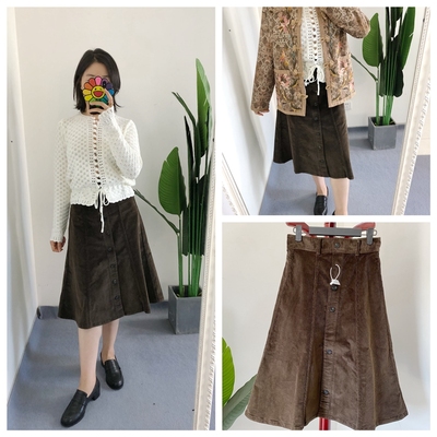 买手店 25年早秋咖色灯芯绒半身裙A字半裙百搭 小个子通勤