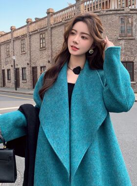 2025年秋冬新款海蓝色双面羊毛大衣女慵懒风羊绒外套