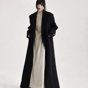 黑色西装 加厚韩版 过膝宽松腰带风衣女 毛呢大衣外套女长款 秋冬新款