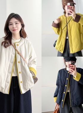 2025胖mm韩版新款撞色圆领宽松棉服显瘦遮肉棉衣外套