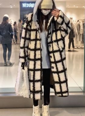 2025秋冬新款加厚保暖宽松休闲开衩假两件格子连帽显瘦长款外套女