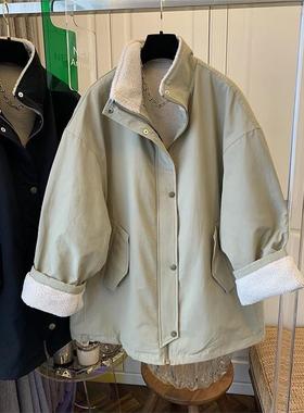 2025冬季新款超好看工装风羊羔毛外套宽松保暖大衣中长款上衣女款