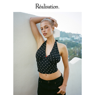 Bijou RealisationPar 黑白波点真丝V 领露背挂脖上衣 The