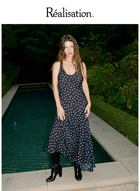 RealisationPar连衣裙蓝色波点斜裁真丝中长裙The Ellery