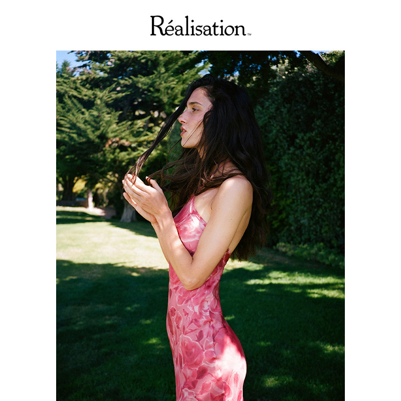 Realisationpar连衣裙春夏粉色挂脖法式真丝吊带长裙The Electra
