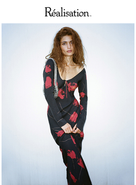 RealisationPar 连衣裙黑色碎花长袖真丝长裙 The Selma