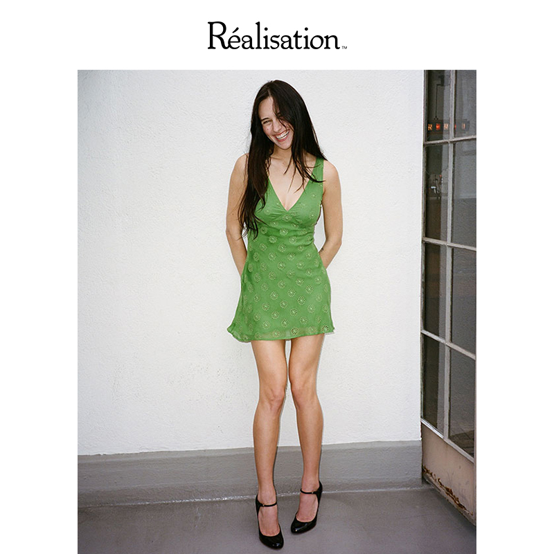 RealisationPar 连衣裙深V刺绣真丝迷你约会裙限量版The Lourdes