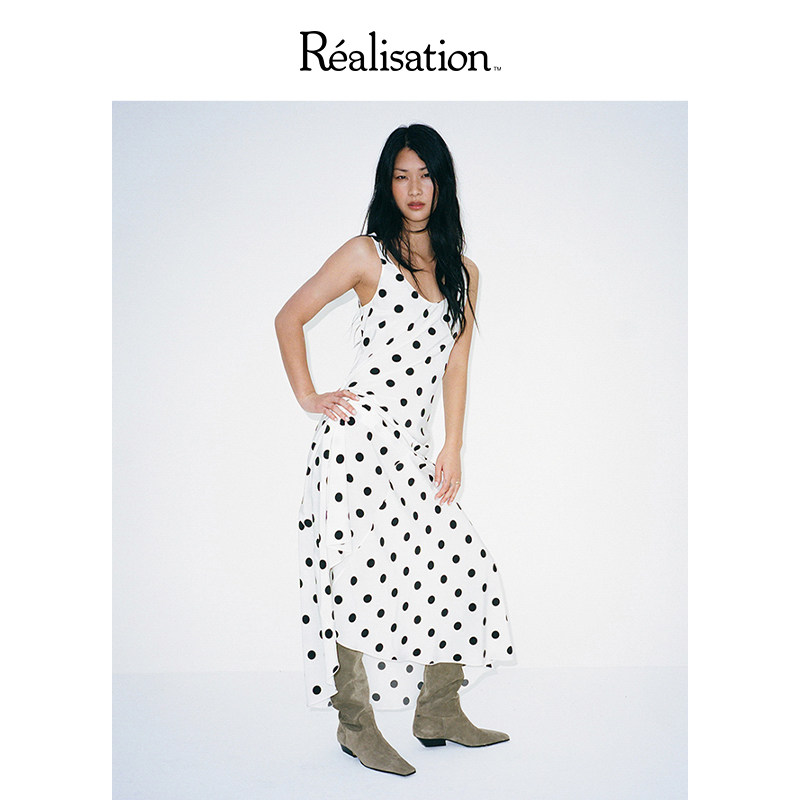 RealisationPar连衣裙白色波点真丝斜裁吊带长裙 The Ellery