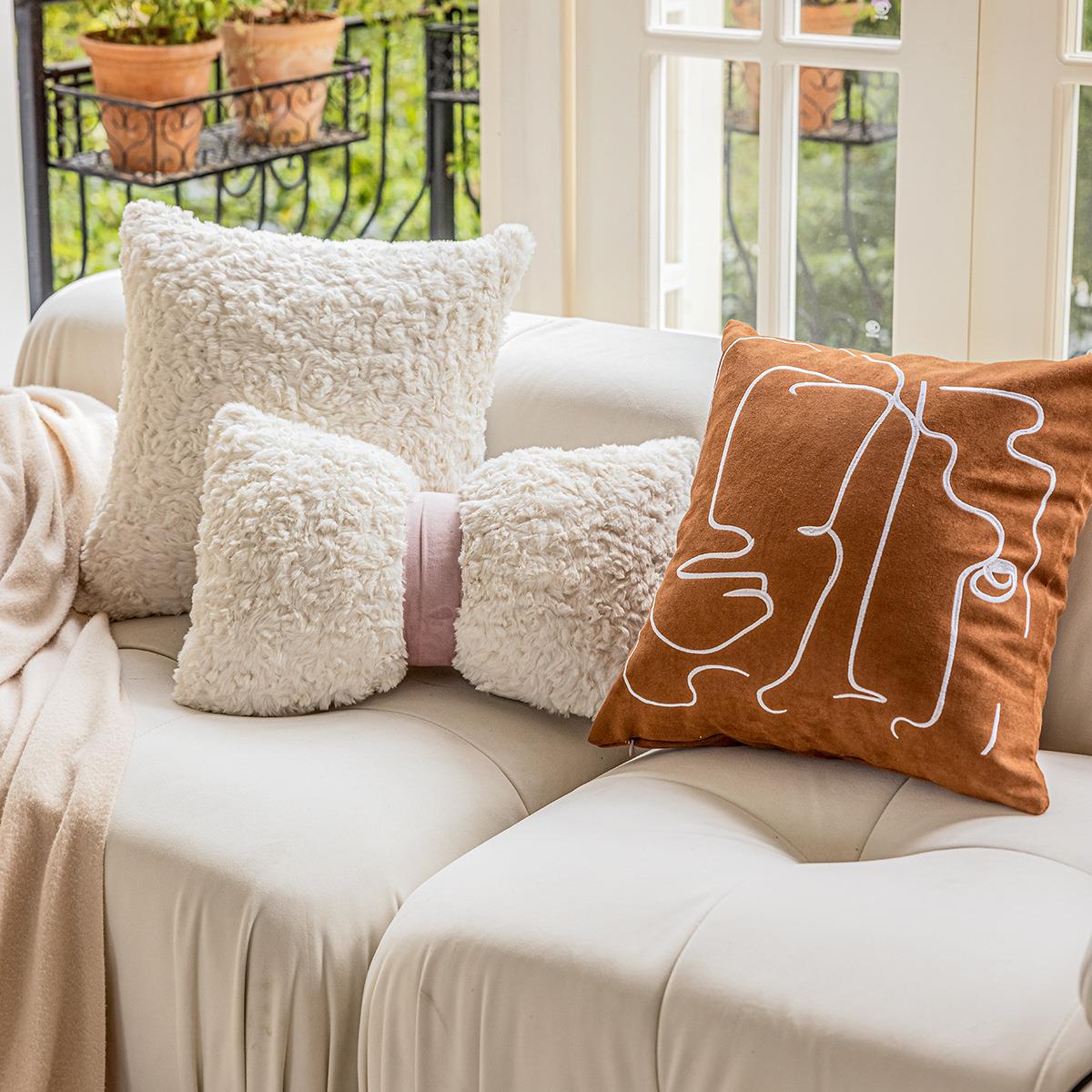 仿兔毛绒靠枕卧式床头靠垫样板间靠背北欧客厅沙发抱枕套北欧风