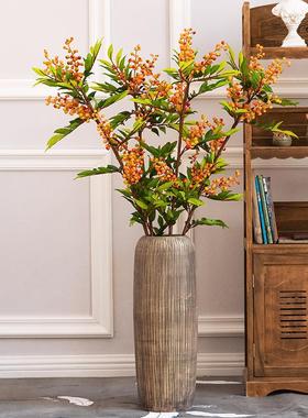 落地高枝仿真冬青果树叶枝手感红色浆果假花别墅酒店客厅装饰花艺