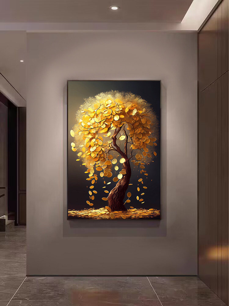摇钱发财树装饰画正对门口的玄关画现代轻奢高档壁画生财走廊挂画