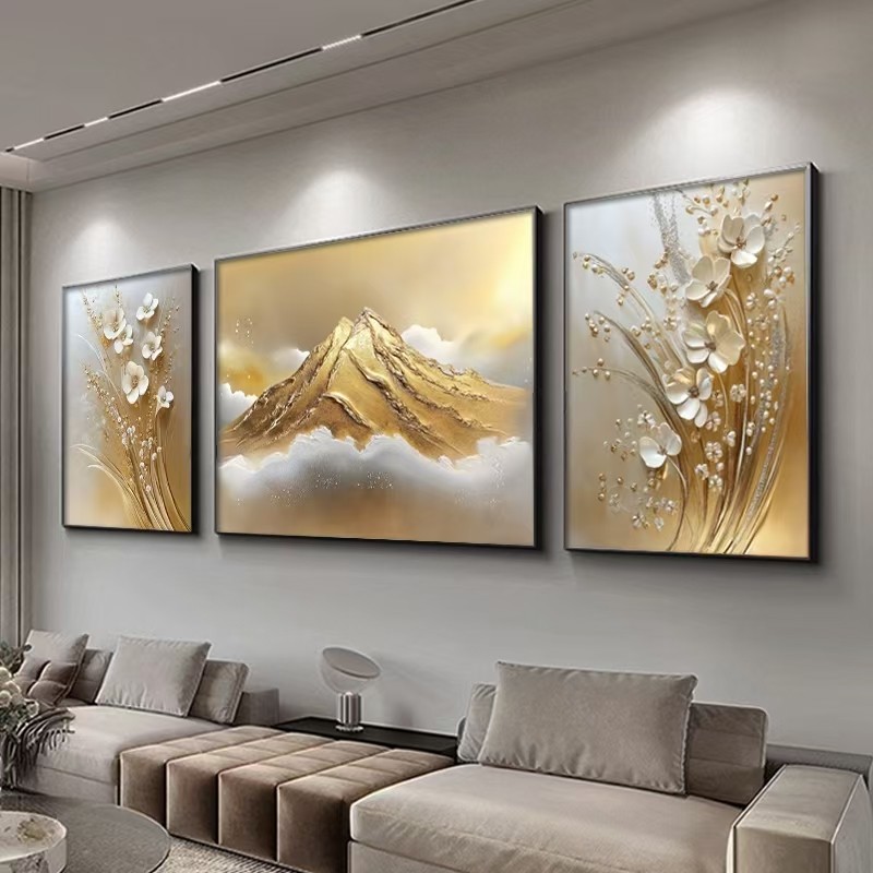 日照金山客厅大白墙装饰画轻奢沙发背景墙金色挂画三联画山水壁画