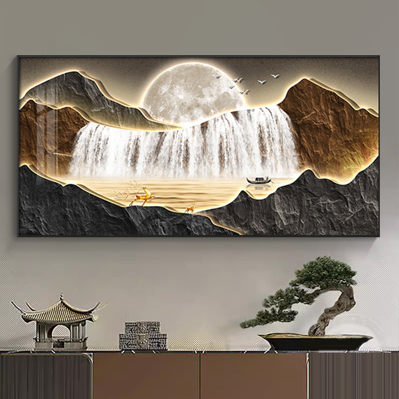 流水生财电表箱装饰画轻奢大尺寸配电箱挂画遮挡强电闸盒山水壁画