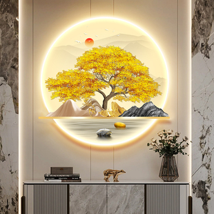 发财树入户玄关装饰画正对门新中式山水走廊玄幻挂画轻奢墙壁灯画