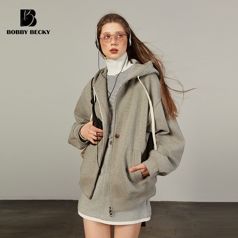 【小敏推荐】Bobbybecky美式连帽厚卫衣宽松拉链夹绒两穿外套磨毛图片