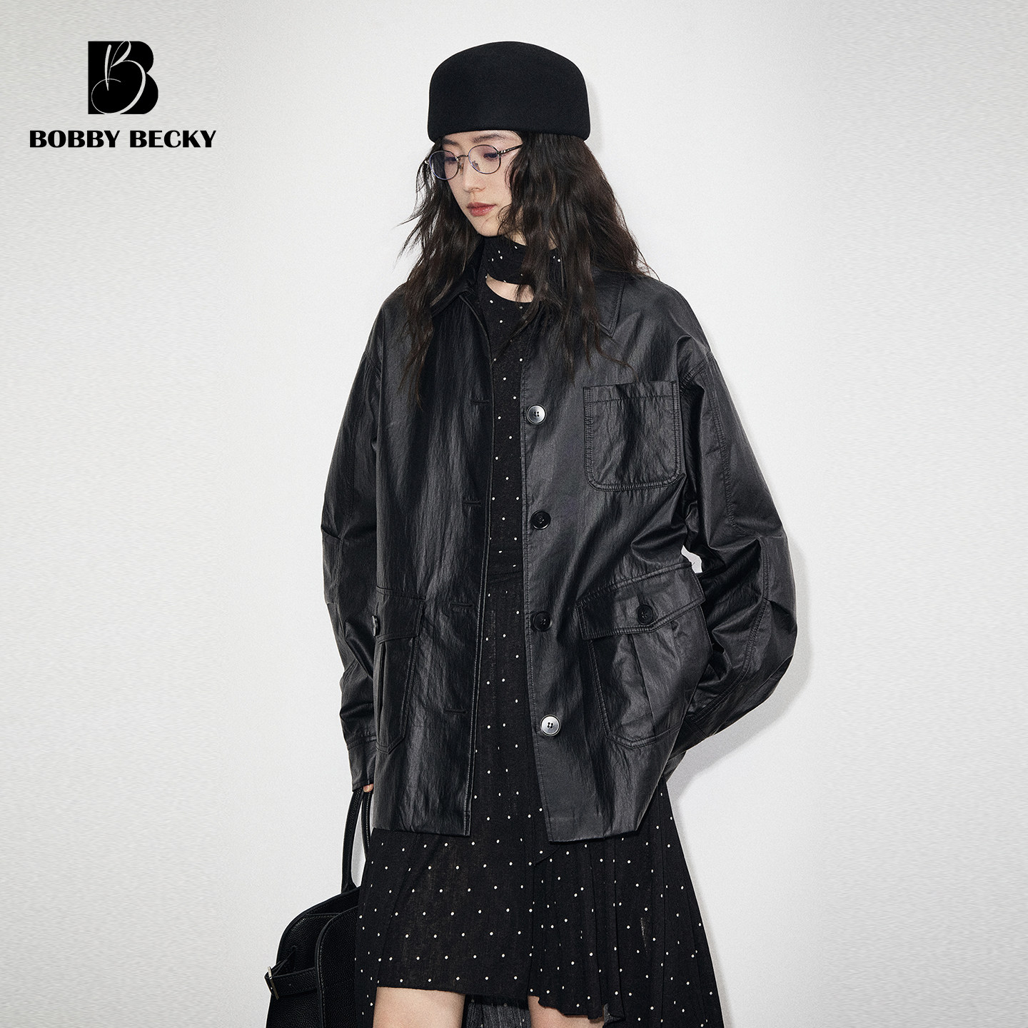 BobbyBecky复古休闲宽松廓形油蜡感涂层工装夹克翻领外套图片
