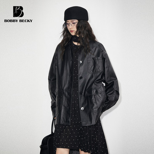 BobbyBecky复古休闲宽松廓形油蜡感涂层工装夹克翻领外套