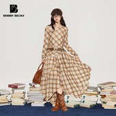 Bobbybecky复古弹力格纹收腰长袖 弹力腰 上衣不规则大裙摆半裙套装