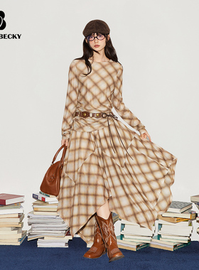 Bobbybecky复古弹力格纹收腰长袖上衣不规则大裙摆半裙套装弹力腰
