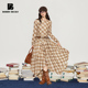 Bobbybecky复古弹力格纹收腰长袖 上衣不规则大裙摆半裙套装 弹力腰