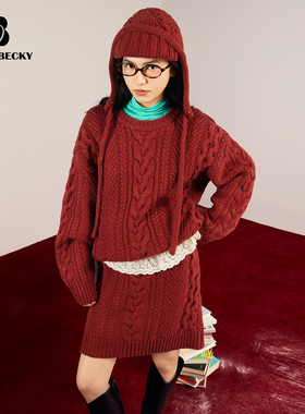 BobbyBecky经典百搭100%羊毛粗针毛线帽重磅绞花毛衣半裙毛线帽