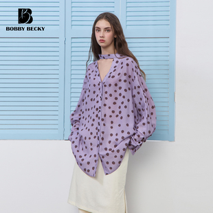 BobbyBecky【春雾】波点天丝麻慵懒豹纹设计波卡尔飘带衬衫