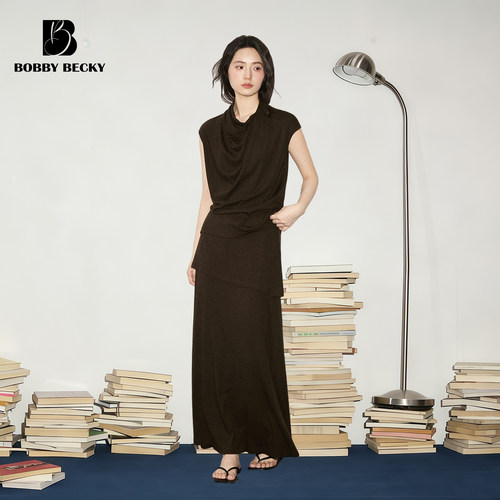 BobbyBecky复古松弛堆荡领无袖哑光垂感不规则半裙通勤针织套装