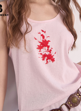 BobbyBecky桔梗剪影印花背心复古简约花卉棉麻透气肌理感吊带内搭