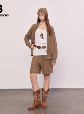 BobbyBecky经典温网风精致翻领纸混纺镂空针织外套日系精致短裤