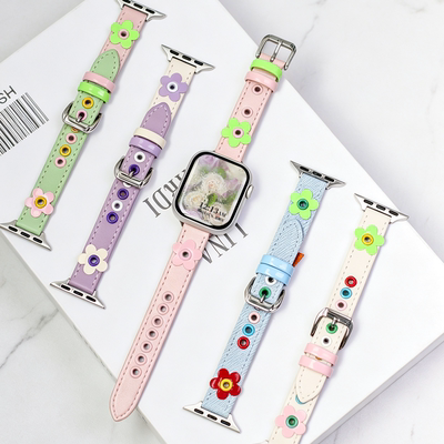 适用苹果手表表带s11/s10新款真皮腕带applewatch9表带iwatch8代夏日花朵S7腕带S7/6/5手链SE/Ultra配件