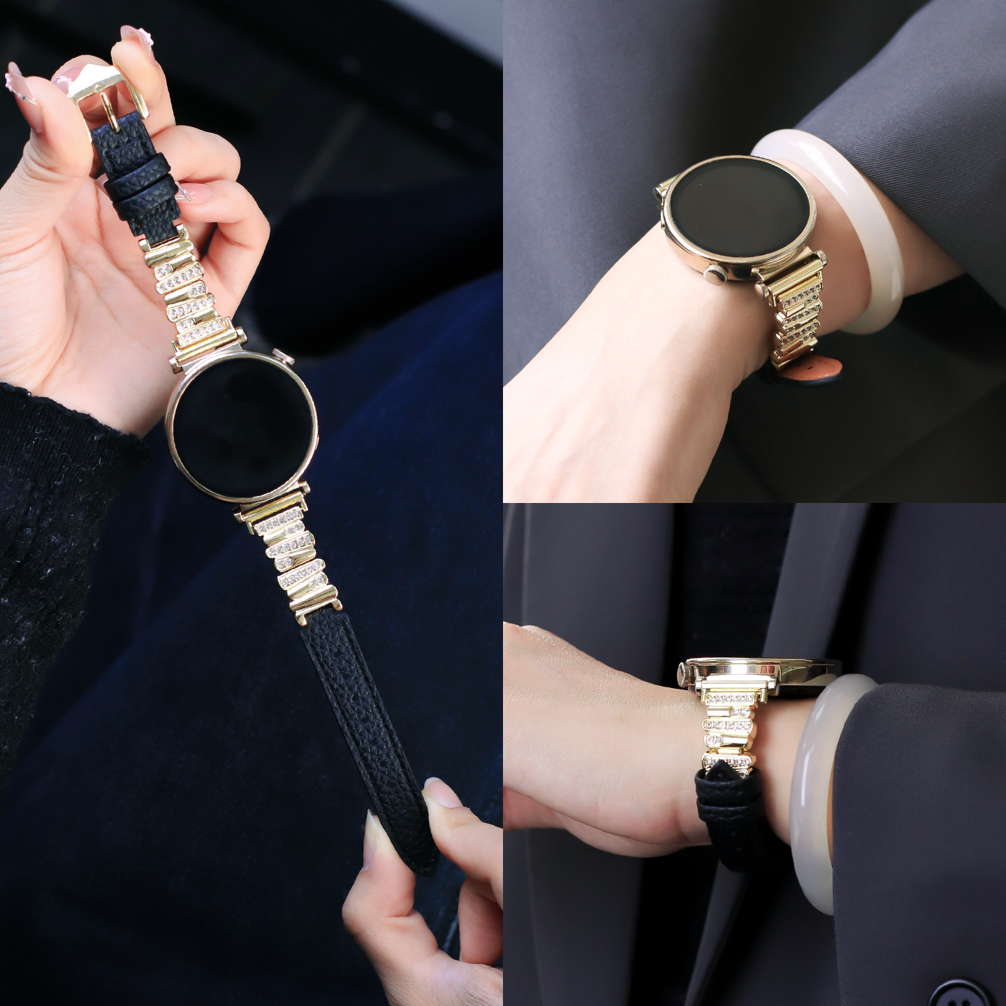 适用华为gt6表带真皮HUAWEI手表gt5黑天鹅镶钻拼接皮质表带watch 5pro女款高级腕带gt4表链41mm/18mm配件