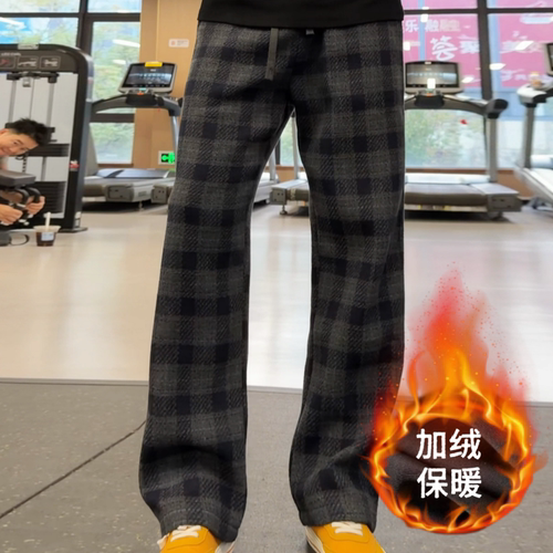 秋冬新款时尚设计感格子保暖舒适卫裤男士商务撞色休闲直筒长裤子