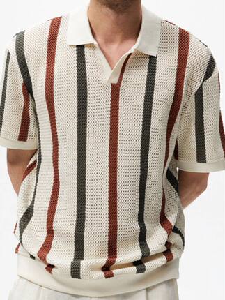 夏季条纹撞色翻领短袖t恤男士潮牌个性时尚休闲针织polo衫上衣服