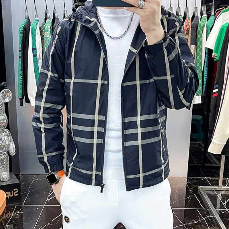 秋冬季新款格子印花连帽外套男士潮牌时尚休闲拉链开衫夹克上衣服