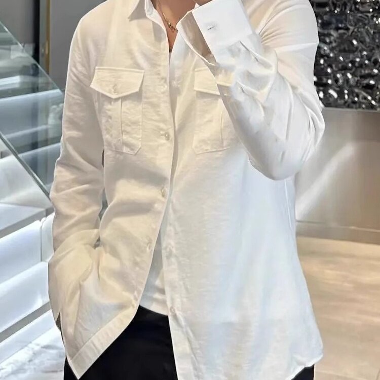 秋季新款美式简约纯色个性翻领衬衣男士港风小众百搭高级长袖衬衫