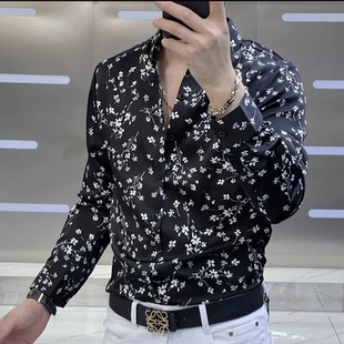 春秋新款高端时尚碎花满印长袖衬衫男士商务休闲黑白撞色翻领衬衣