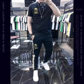 帅气百搭夏季 欧洲站刺绣休闲短袖 运动两件套 男士 潮牌时尚 长裤 套装