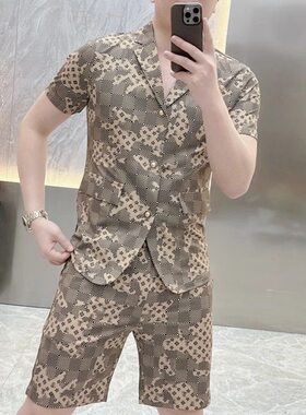 潮牌男士短袖开衫西装套装