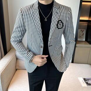 潮牌修身 外套男士 商务休闲帅气西服上衣 千鸟格印花西装 高级感时尚