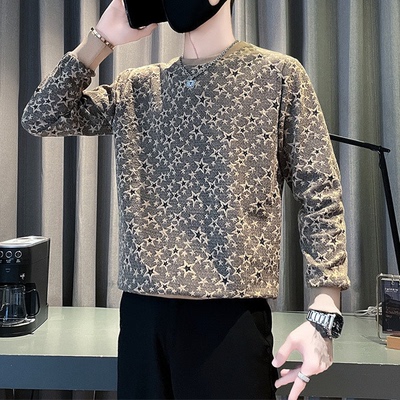 秋季新款复古风小众印花圆领长袖上衣男士潮牌设计感百搭舒适卫衣