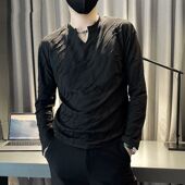 提花小V领长袖 内搭打底衫 t恤男士 秋衣服秋冬季 潮牌时尚 高级感个性
