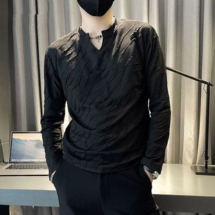 高级感个性提花小V领长袖t恤男士潮牌时尚秋衣服秋冬季内搭打底衫