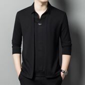 春秋新款 高端潮流假两件设计感长袖 T恤男士 简约拼接纯色百搭上衣